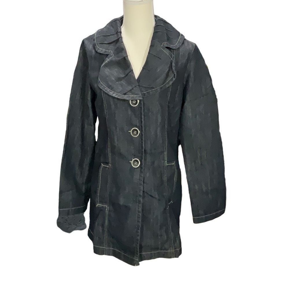 VTG Baccini Dark Blue Denim Jacket Wide Puckered Collar Button Front Size Small